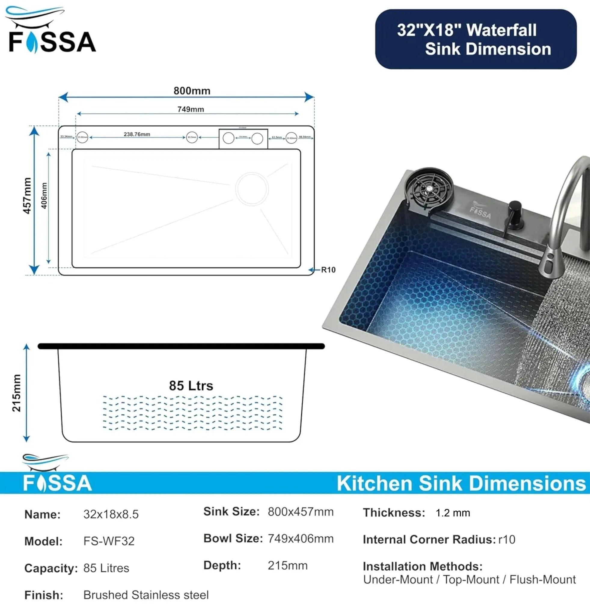 Fossa 32"x18"x10" inch Single Bowl Waterfall Kitchen Sink 304 Grade Honeycomb Embossed Sink with White Nano Coating, Stainless Steel, Rectangular Workstation, Faucet With All Accessories. Fossa Home