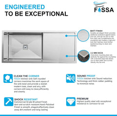 Fossa 32"x18"x10" inch Single Bowl with Drain Board SS-304 Grade Stainless Steel Handmade Kitchen Sink Matte Finish Silver Fossa Home