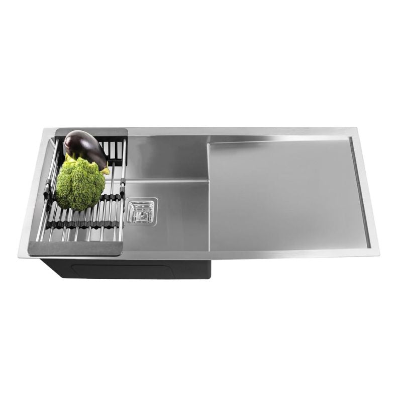 Fossa 32"x18"x10" inch Single Bowl with Drain Board SS-304 Grade Stainless Steel Handmade Kitchen Sink Matte Finish Silver Fossa Home