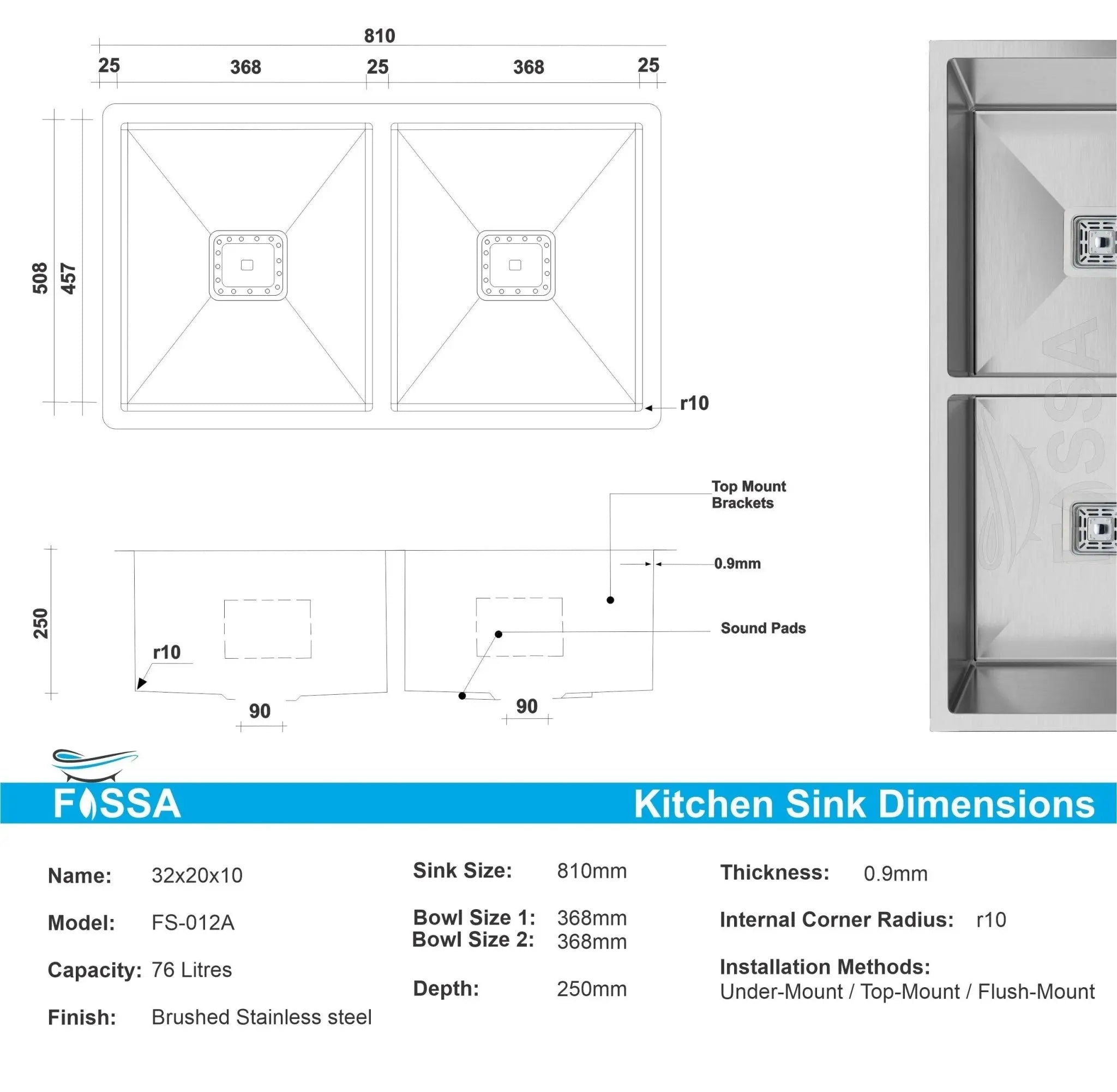 Fossa 32"x20"x10" Inch Double Bowl Premium Stainless Steel Handmade Kitchen Sink Silver Fossa Home