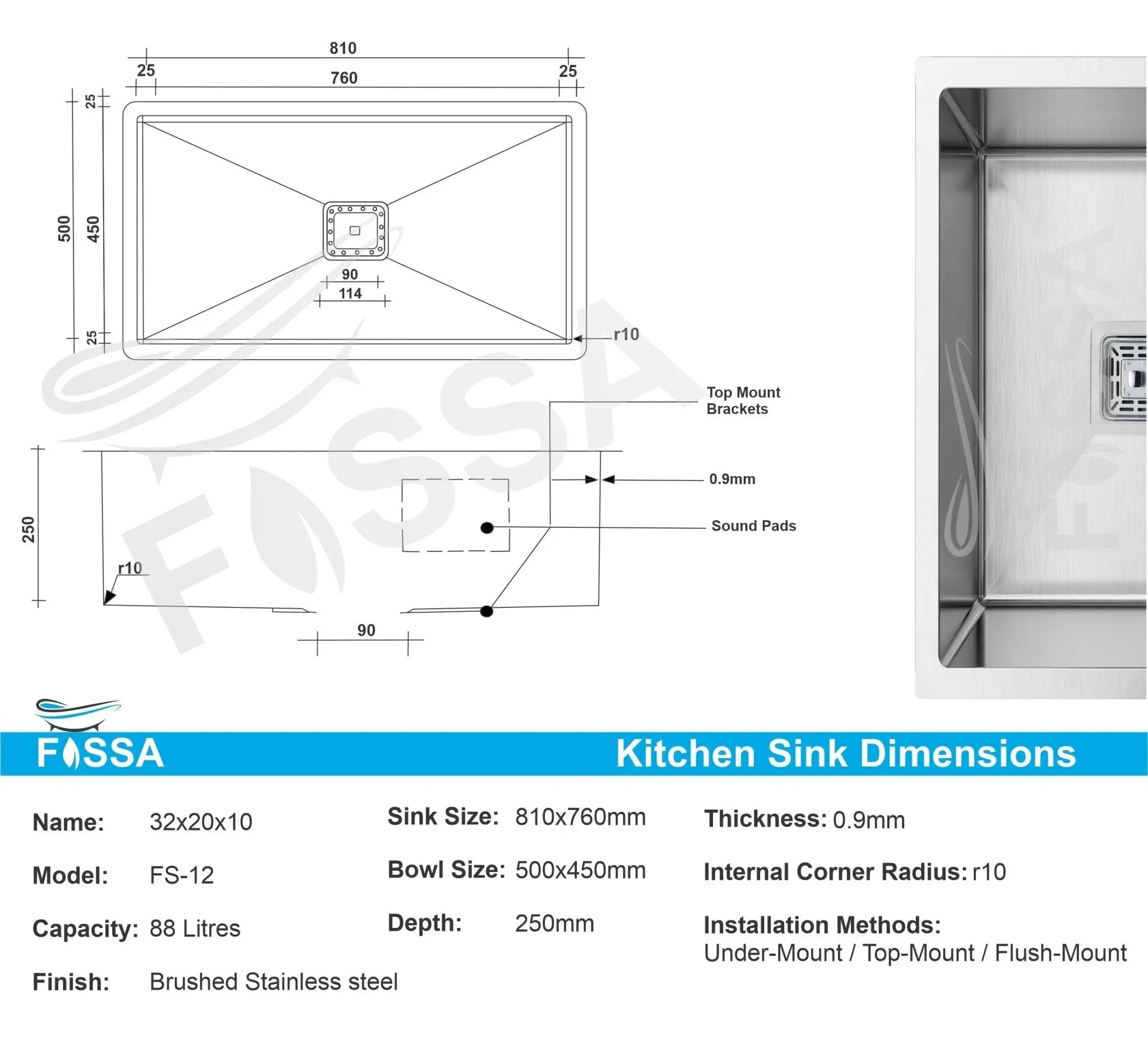 Fossa 32"x20"x10" Inch Single Bowl Premium Stainless Steel Handmade Kitchen Sink Silver Fossa Home