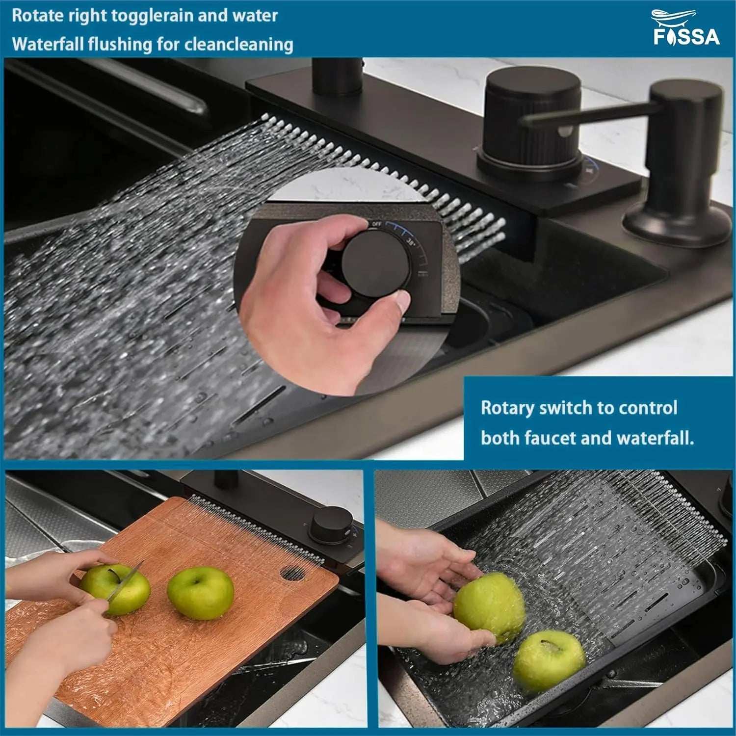 Fossa 37"x18"x09" Double Bowl 304 Grade Waterfall Kitchen Sink Honeycomb Embossed Sink with Black Nano Coating, Stainless Steel, Rectangular Workstation, Faucet with Included All Accessories. (Black) Fossa Home