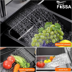 Fossa 37"x18"x09" Premium Double Bowl Waterfall Kitchen Sink Honeycomb Embossed Sink with Black Nano Coating, Stainless Steel, Rectangular Workstation, Faucet with Included All Accessories. (Black) Fossa Home