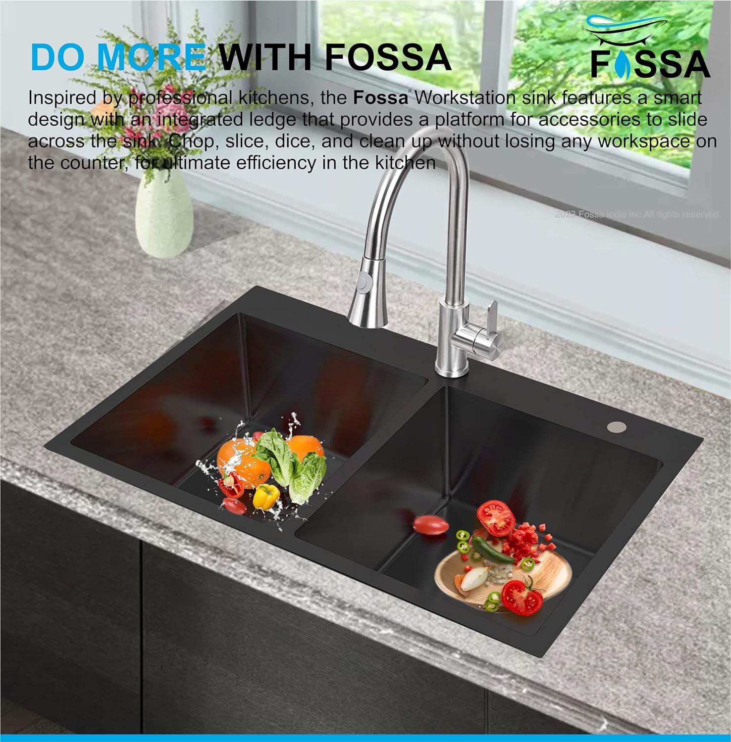 Fossa 37"x18"x10" Double Bowl With Tap Hole SS-304 Grade Stainless Steel Handmade Kitchen Sink Matte Finish Black Fossa Home