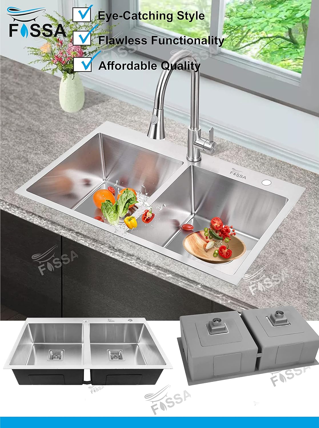 Fossa 37"x18"x10" Double Bowl With Tap Hole SS-304 Grade Stainless Steel Handmade Kitchen Sink Matte Finish Silver Fossa Home