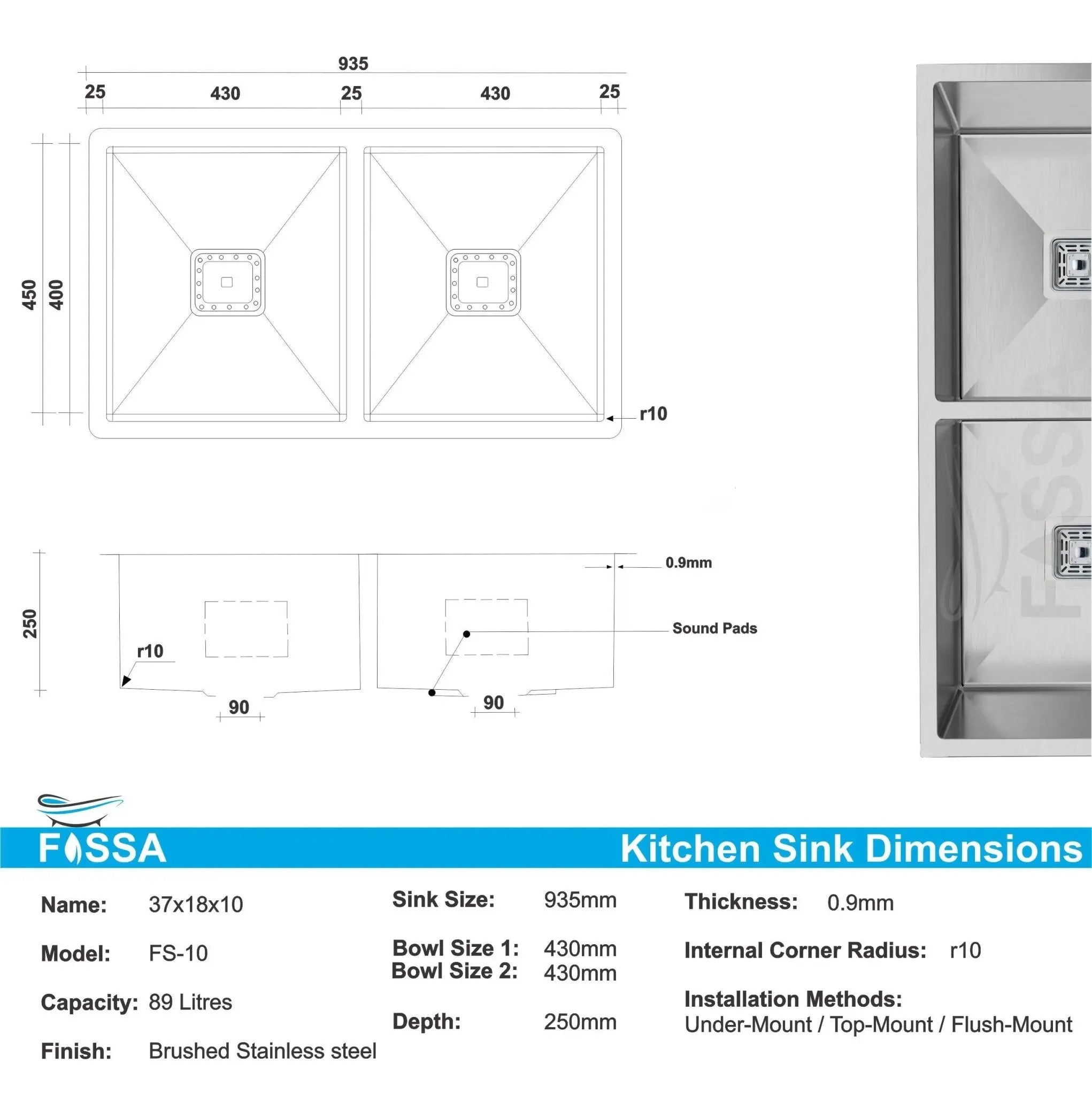Fossa 37"x18"x10" Inch Double Bowl Premium Handmade kitchen Sink Stainless Steel Silver Fossa Home