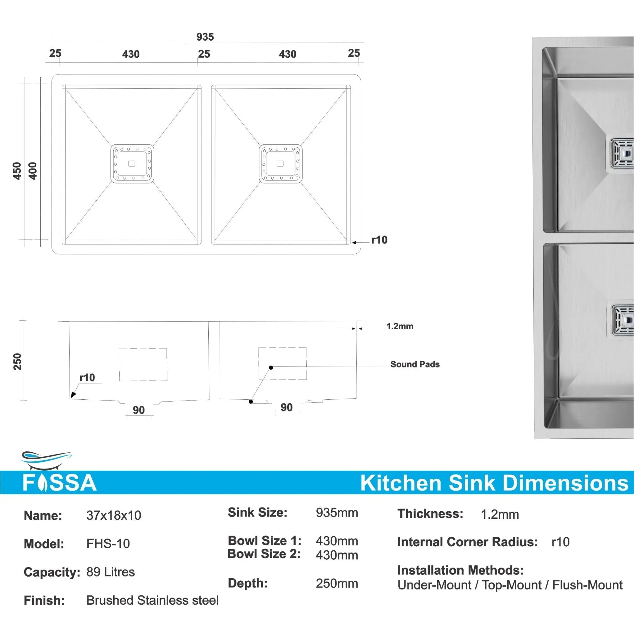 Fossa 37"x18"x10" Inch Double Bowl SS-304 Grade Handmade kitchen Sink Stainless Steel Silver Fossa Home