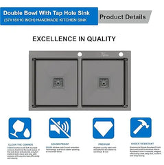 Fossa 37"x18"x10" Inch Double Bowl Tap Hole With Soap Dispenser Stainless steel Handmade Kitchen Sink ( Black ) Fossa Home
