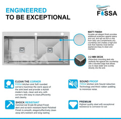 Fossa 37"x18"x10" Inch Double Bowl With Tap Hole Premium Stainless Steel Handmade Kitchen Sink Matte Finish Silver Fossa Home