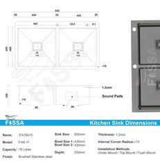 Fossa 37"x18"x10" Inch Double Bowl With Tap Hole SS-304 Grade Stainless Steel Handmade Kitchen Sink Matte Finish Black Fossa Home