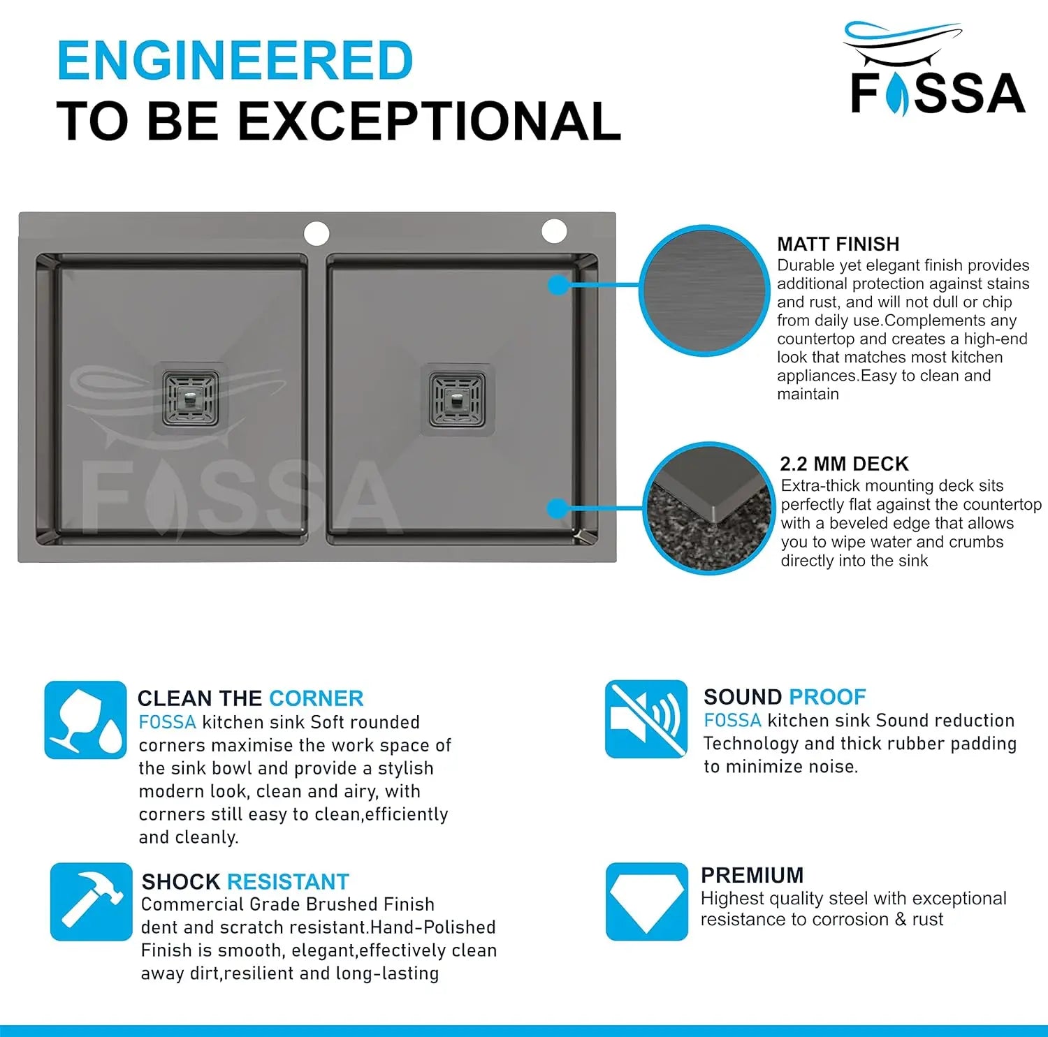 Fossa 37"x18"x10" Inch Double Bowl With Tap Hole SS-304 Grade Stainless Steel Handmade Kitchen Sink Matte Finish Black Fossa Home