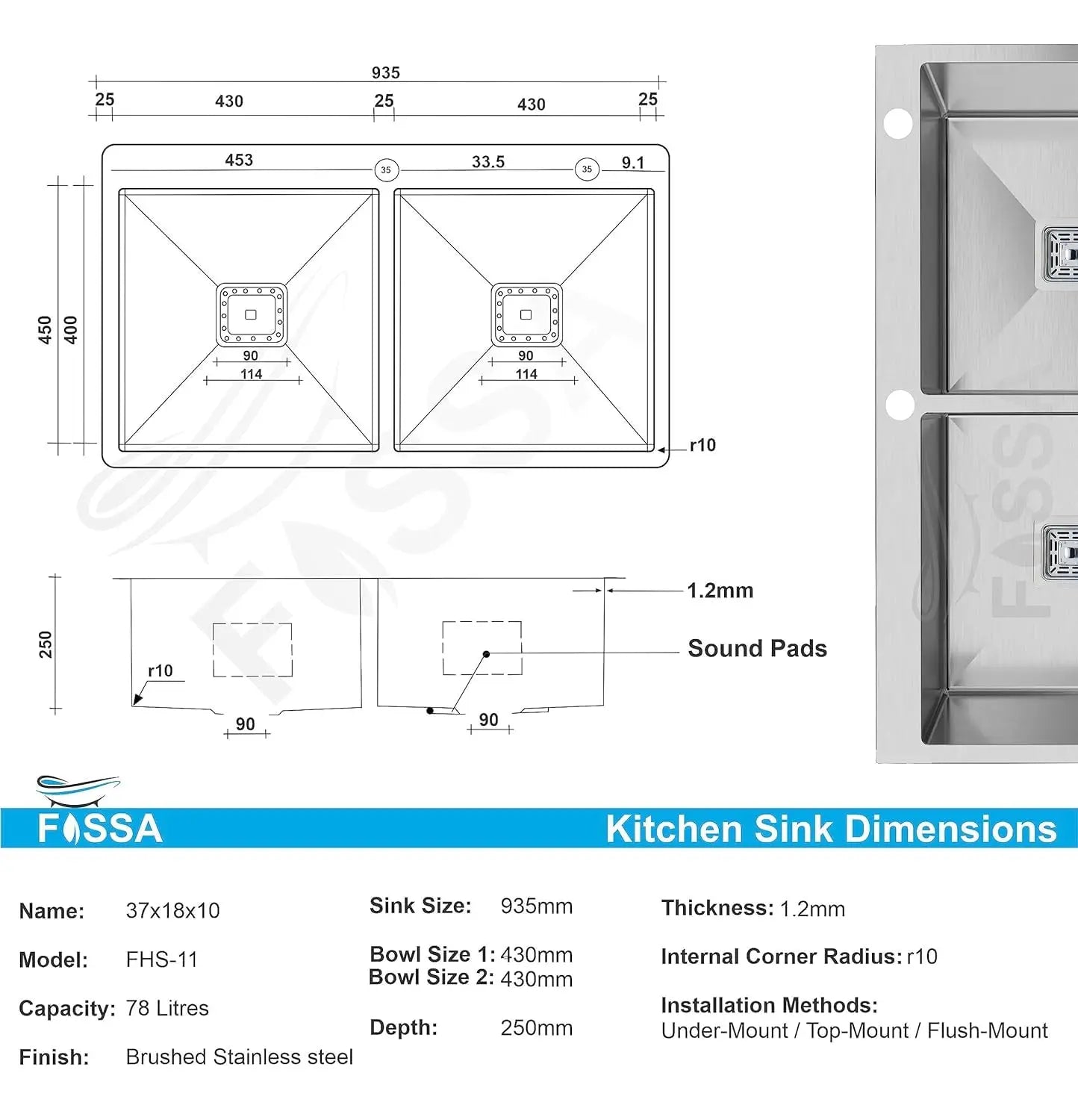 Fossa 37"x18"x10" Inch Double Bowl With Tap Hole SS-304 Grade Stainless Steel Handmade Kitchen Sink Matte Finish Silver Fossa Home