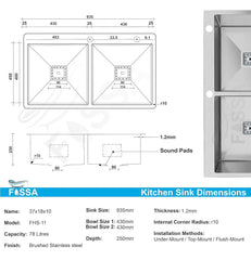Fossa 37"x18"x10" Inch Double Bowl With Tap Hole SS-304 Grade Stainless Steel Handmade Kitchen Sink Matte Finish Silver Fossa Home