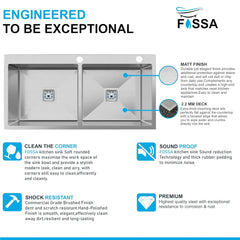 Fossa 37"x18"x10" Inch Double Bowl With Tap Hole SS-304 Grade Stainless Steel Handmade Kitchen Sink Matte Finish Silver Fossa Home