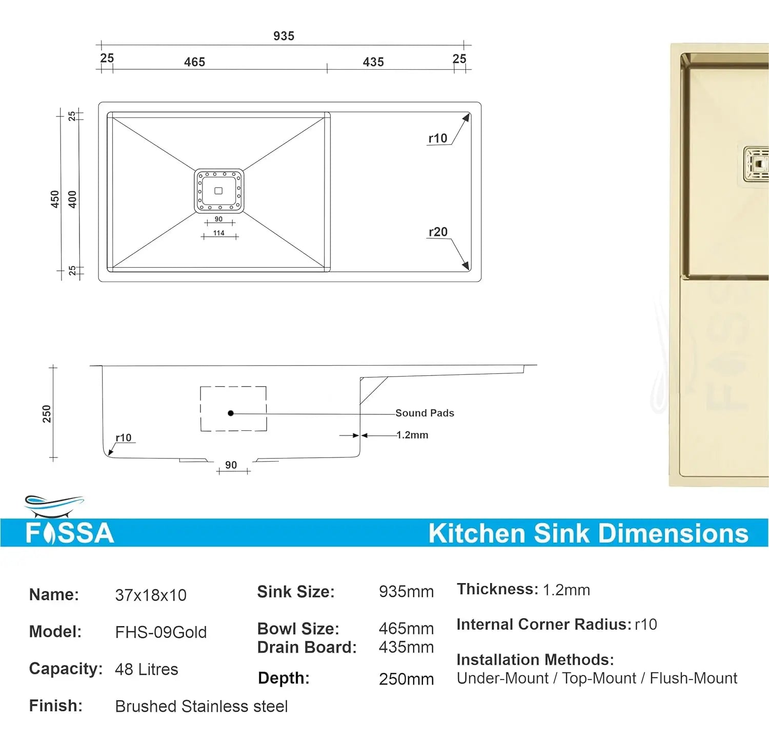 Fossa 37"x18"x10" Inch Single Bowl With Drain Board 304 Grade Handmade Kitchen Sink Gold Fossa Home