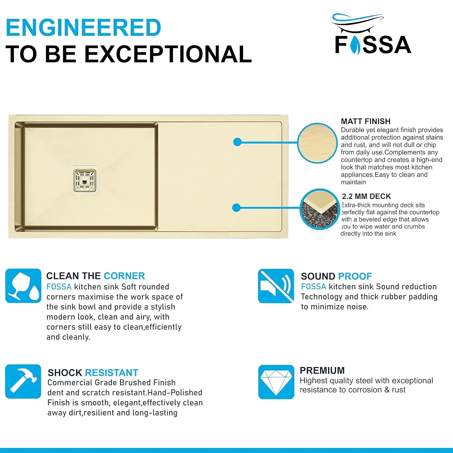 Fossa 37"x18"x10" Inch Single Bowl With Drain Board 304 Grade Handmade Kitchen Sink Gold Fossa Home