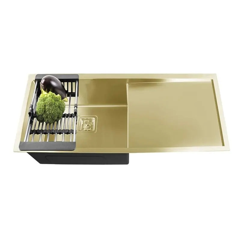Fossa 37"x18"x10" Inch Single Bowl With Drain Board 304 Grade Handmade Kitchen Sink Gold Fossa Home