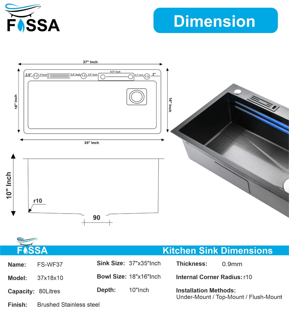 Fossa 37"x18"x10" Single Bowl Premium Stainless Steel Water Fall Kitchen Sink 