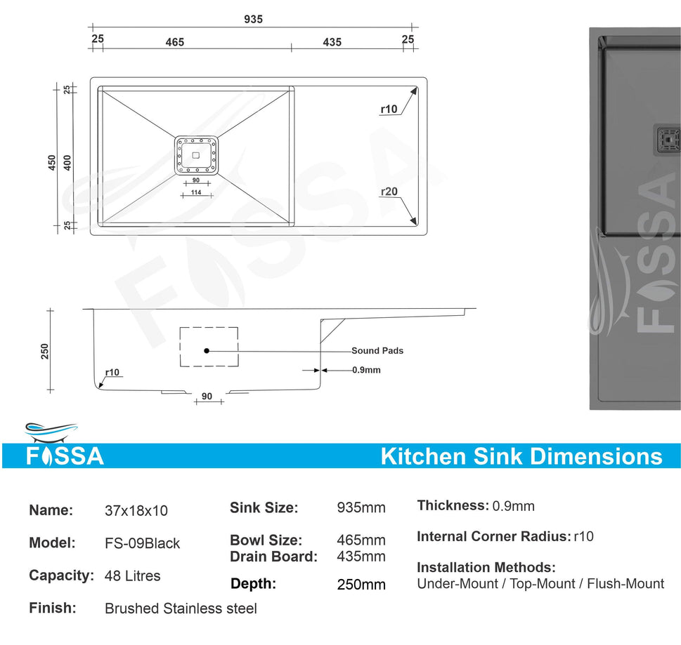 Fossa 37"x18"10" Single Bowl With Drain Board  Stainless Steel Handmade Kitchen Sink Black Matte Finish - Fossa Home 