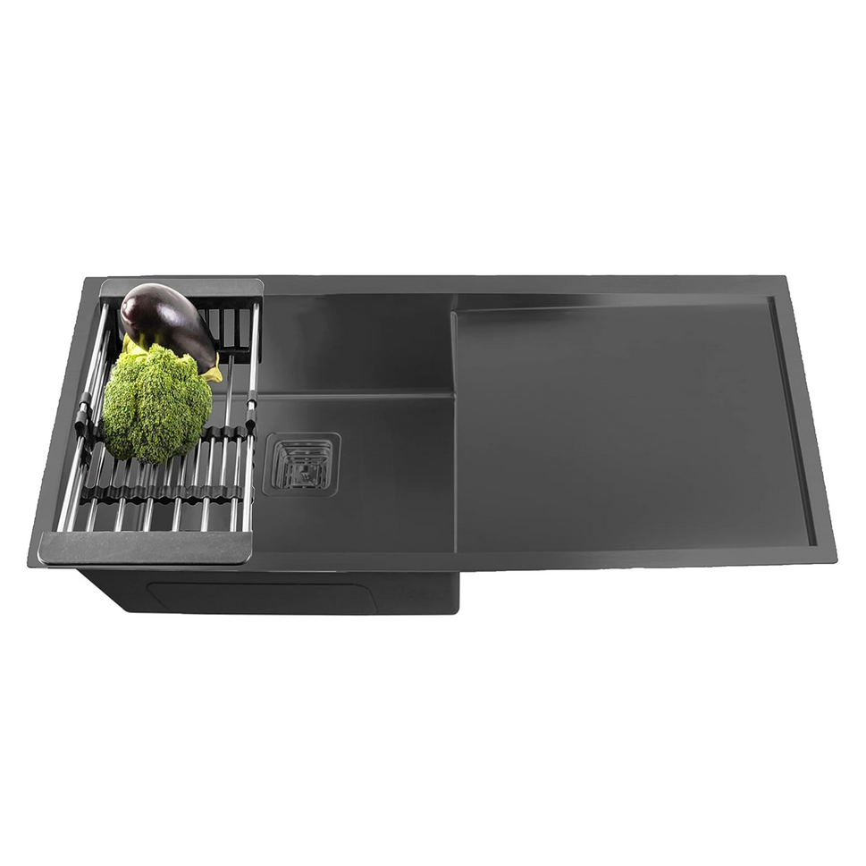 Fossa 37"x18"x10" Single Bowl With Drain Board Premium Handmade Kitchen Sink Black Fossa Home