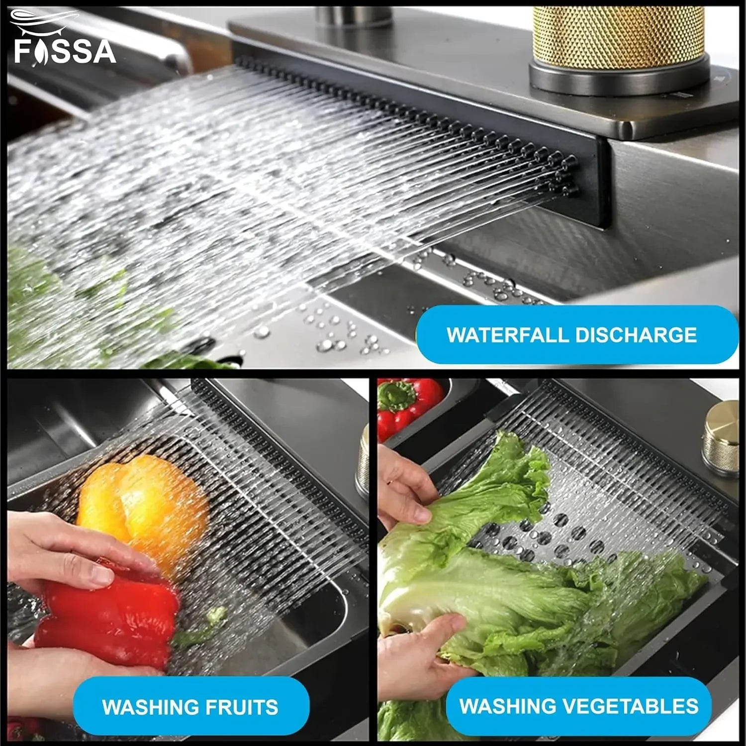 Fossa 37"x18"x10" inch Premium Single Bowl With Dustbin Sink Waterfall Kitchen Sink Honeycomb Embossed Sink with Black Nano Coating, Stainless Steel, Rectangular Workstation,faucet With all Accessories. Fossa Home