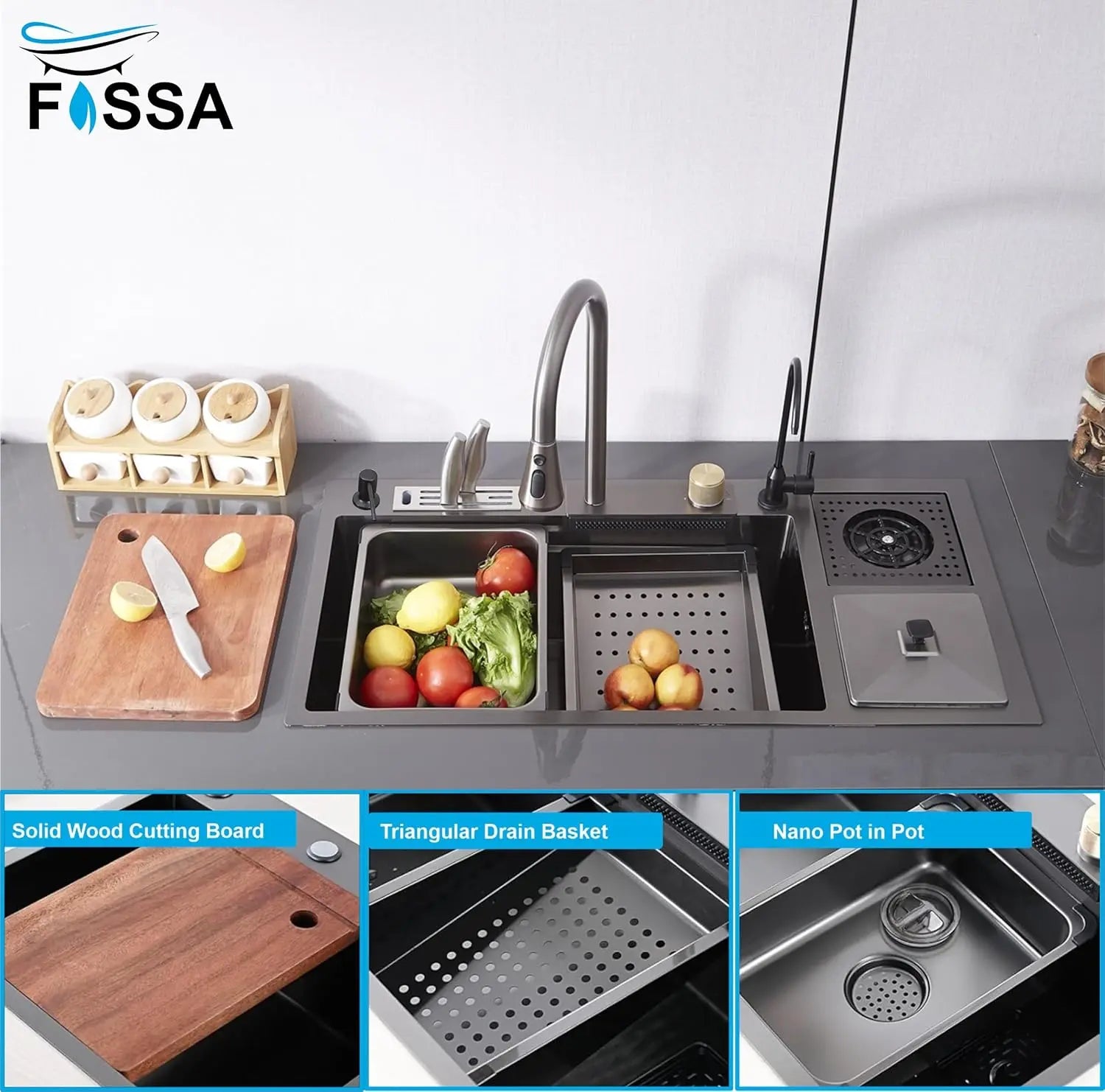 Fossa 37"x18"x10" inch Single Bowl With Dustbin 304 Grade Sink Waterfall Kitchen Sink Honeycomb Embossed Sink with Black Nano Coating, Stainless Steel, Rectangular Workstation,faucet With all Accessories. Fossa Home