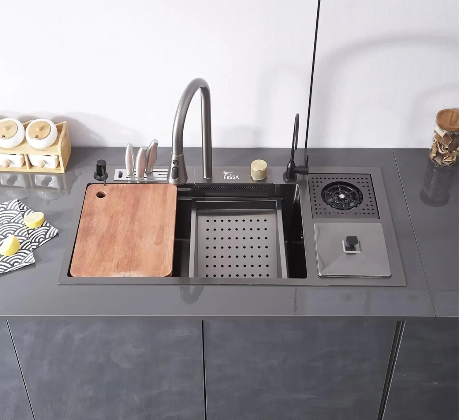 Fossa 37"x18"x10" inch Single Bowl With Dustbin 304 Grade Sink Waterfall Kitchen Sink Honeycomb Embossed Sink with Black Nano Coating, Stainless Steel, Rectangular Workstation,faucet With all Accessories. Fossa Home