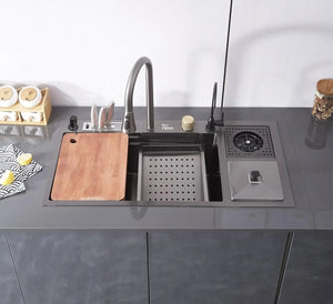 Fossa 37"x18"x10" inch Single Bowl With Dustbin 304 Grade Sink Waterfall Kitchen Sink Honeycomb Embossed Sink with Black Nano Coating, Stainless Steel, Rectangular Workstation,faucet With all Accessories. Fossa Home