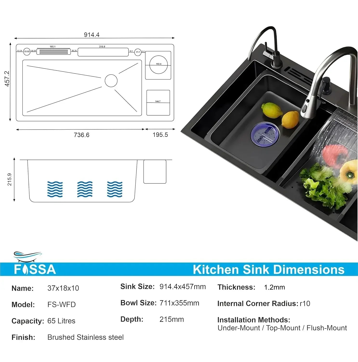 Fossa 37"x18"x10" inch Single Bowl With Dustbin 304 Grade Sink Waterfall Kitchen Sink Honeycomb Embossed Sink with Black Nano Coating, Stainless Steel, Rectangular Workstation,faucet With all Accessories. Fossa Home
