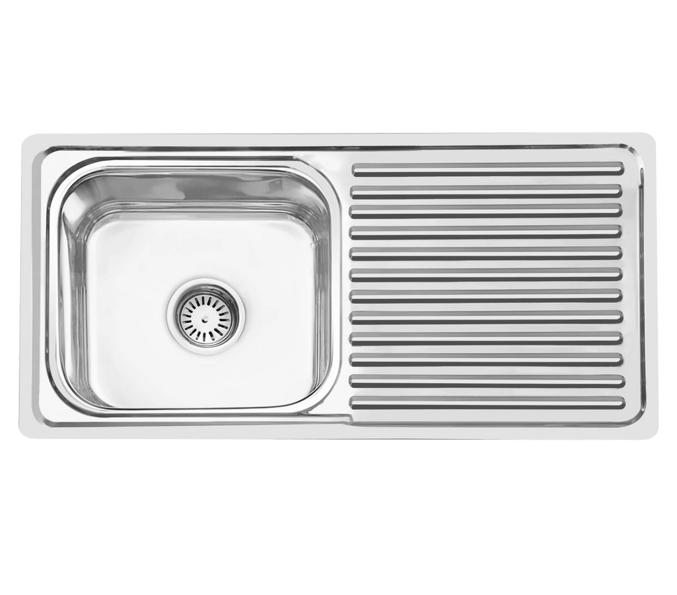 Fossa 37"x18"x8" Single Bowl With Drain Board  Stainless Steel Kitchen Sink With SS Square Coupling Glossy Finish - Fossa Home 