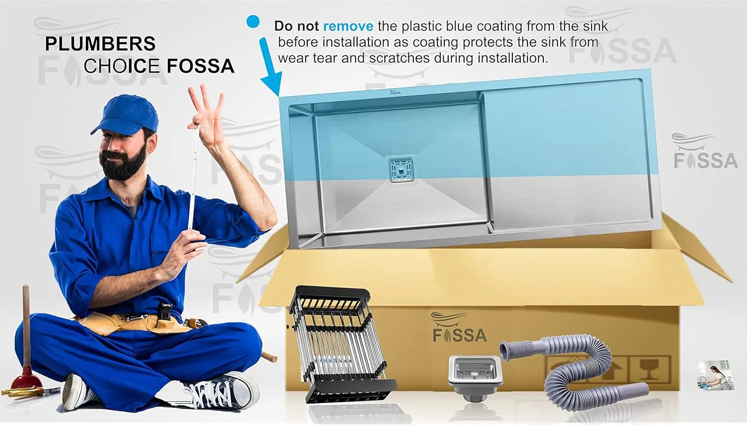 Fossa 40"x18"10" Inch Single Bowl With Drain Board SS-304 Grade Stainless Steel Handmade Kitchen Sink Matte Finish Fossa Home