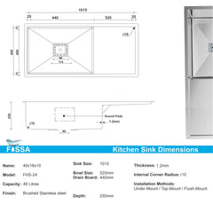 Fossa 40"x18"10" Inch Single Bowl With Drain Board SS-304 Grade Stainless Steel Handmade Kitchen Sink Matte Finish Fossa Home