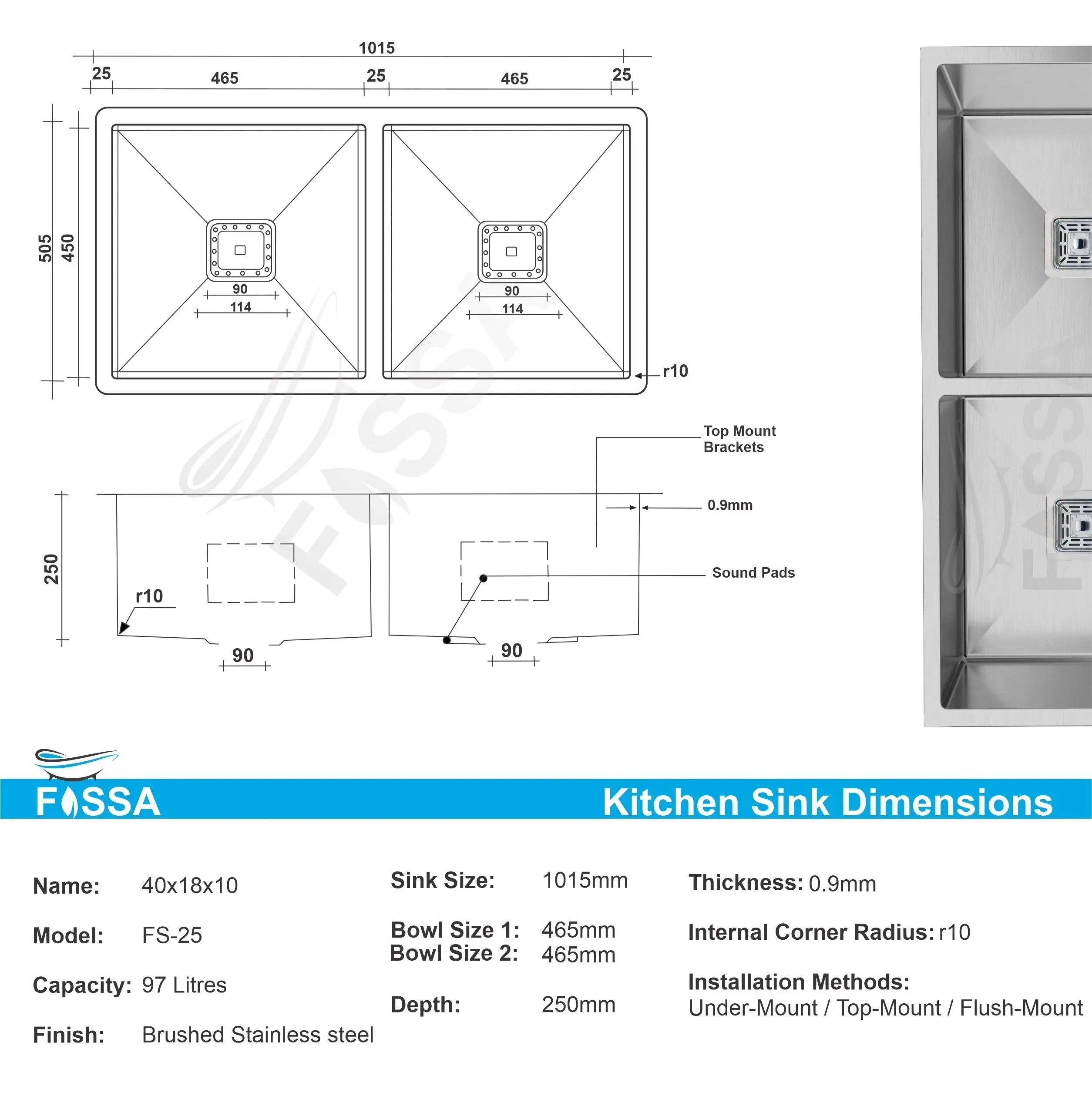 Fossa 40"x18"x10" Inch Double Bowl Premium Stainless Steel Handmade Kitchen Sink Matte Finish Silver Fossa Home