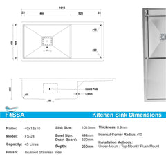 Fossa 40"x18"x10" Inch Single Bowl With Drain Board Premium Stainless Steel Handmade Kitchen Sink Matte Finish Fossa Home