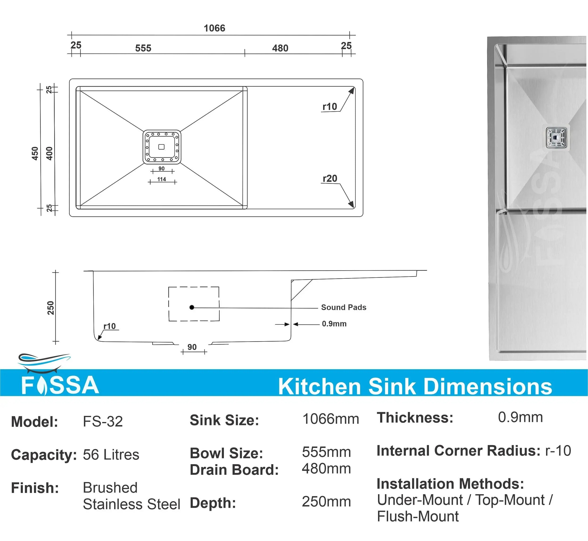 Fossa 42"x20"x10" Inch Single Bowl With Drain Board Premium Stainless Steel Kitchen Sink Matte Finish Fossa Home