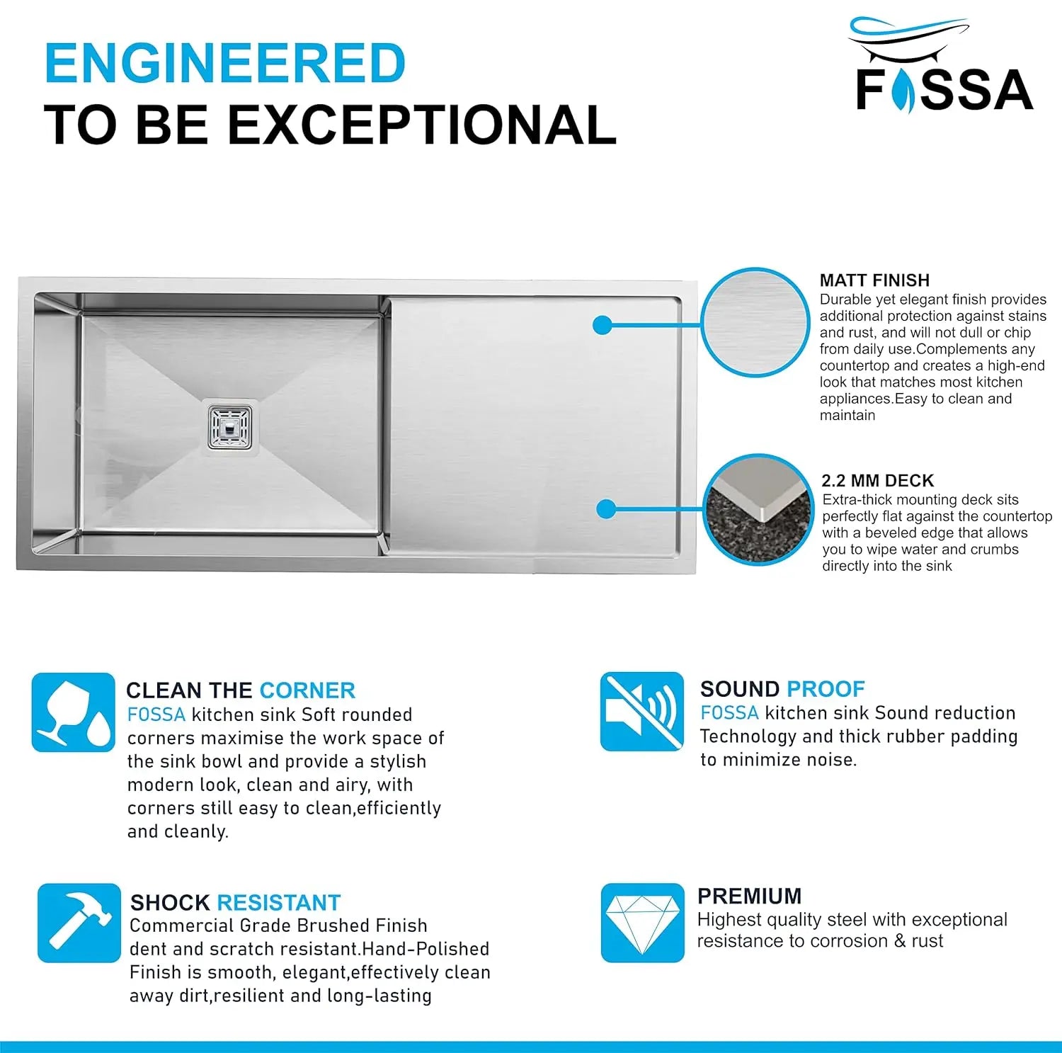 Fossa 42"x20"x10" Inch Single Bowl With Drain Board SS-304 Grade Stainless Steel Kitchen Sink Matte Finish Silver Fossa Home