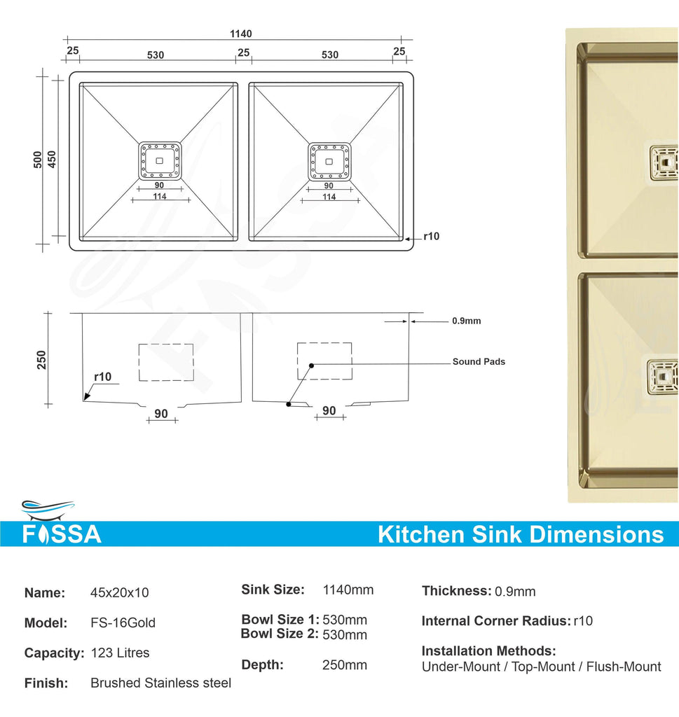 Fossa 45"x20"x10" Double Bowl Handmade kitchen Sink Stainless Steel Gold Matte Finish - Fossa Home 