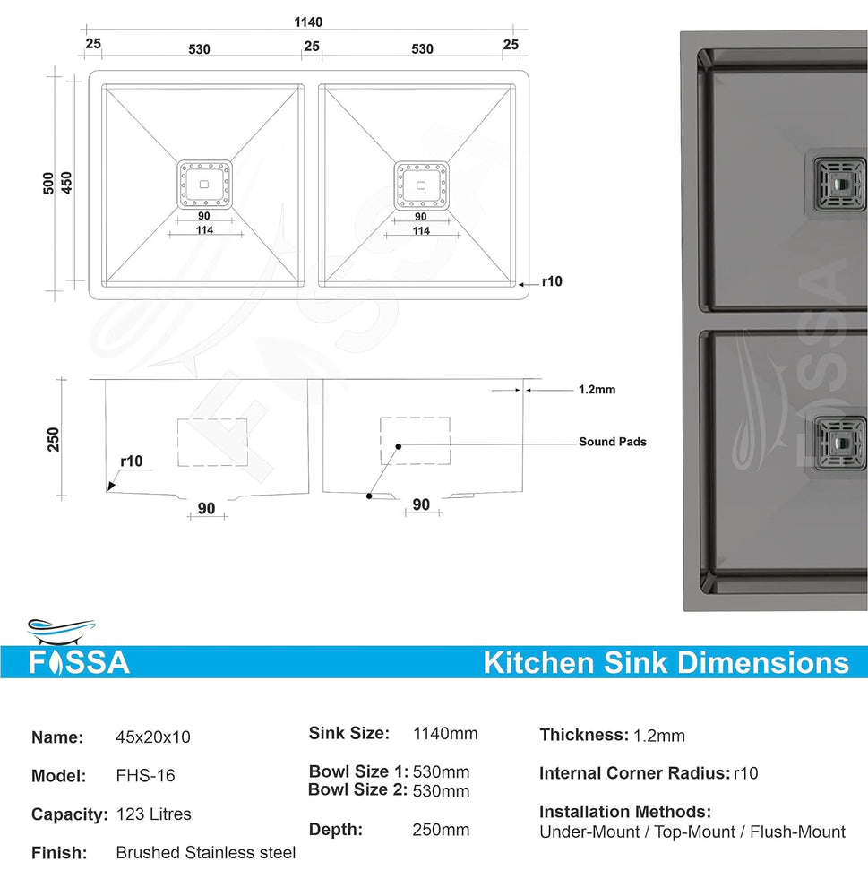 Fossa 45"x20"x10" Double Bowl SS-304 Grade Handmade kitchen Sink Stainless Steel Black Fossa Home