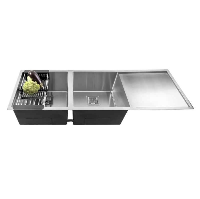 Fossa 45"x20"x10" Double Bowl With Drain Board Premium Stainless Steel Handmade Kitchen Sink Matte Finish Fossa Home
