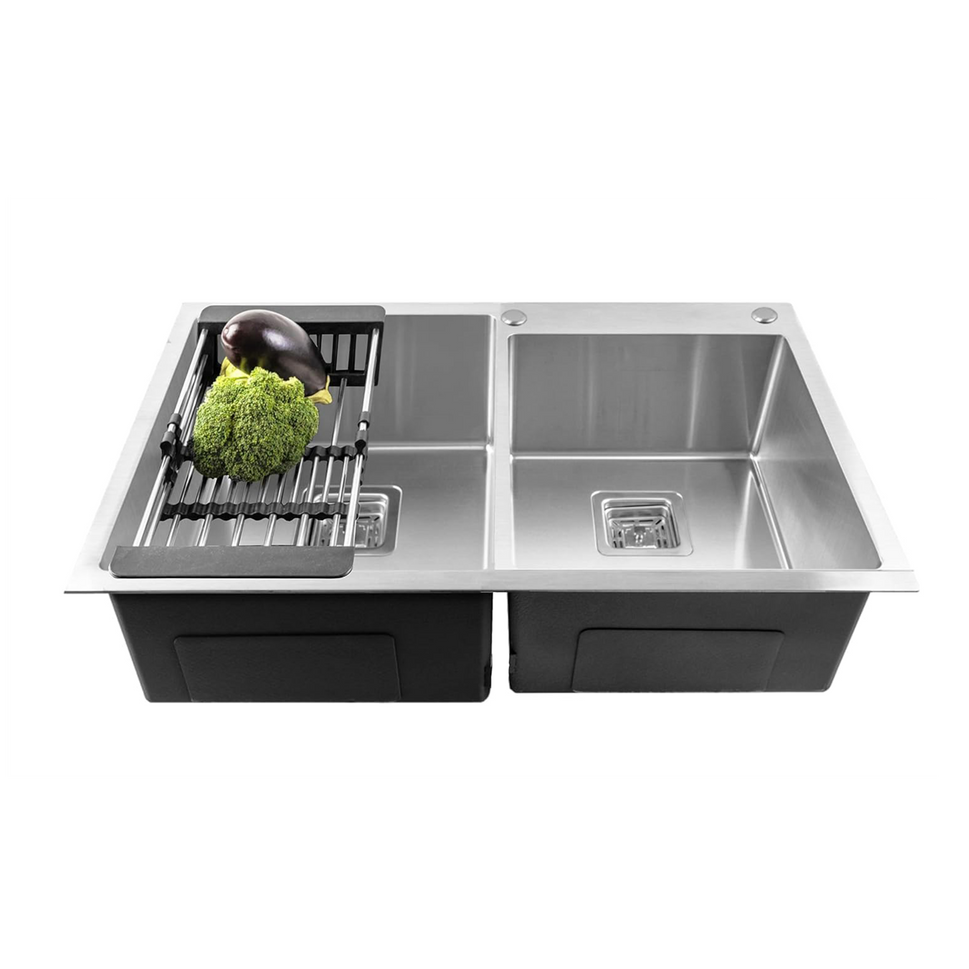 Fossa 45"x20"x10" Double Bowl With Single Tap Hole Prremium Stainless Steel Handmade Kitchen Sink Matte Finish Silver Fossa Home