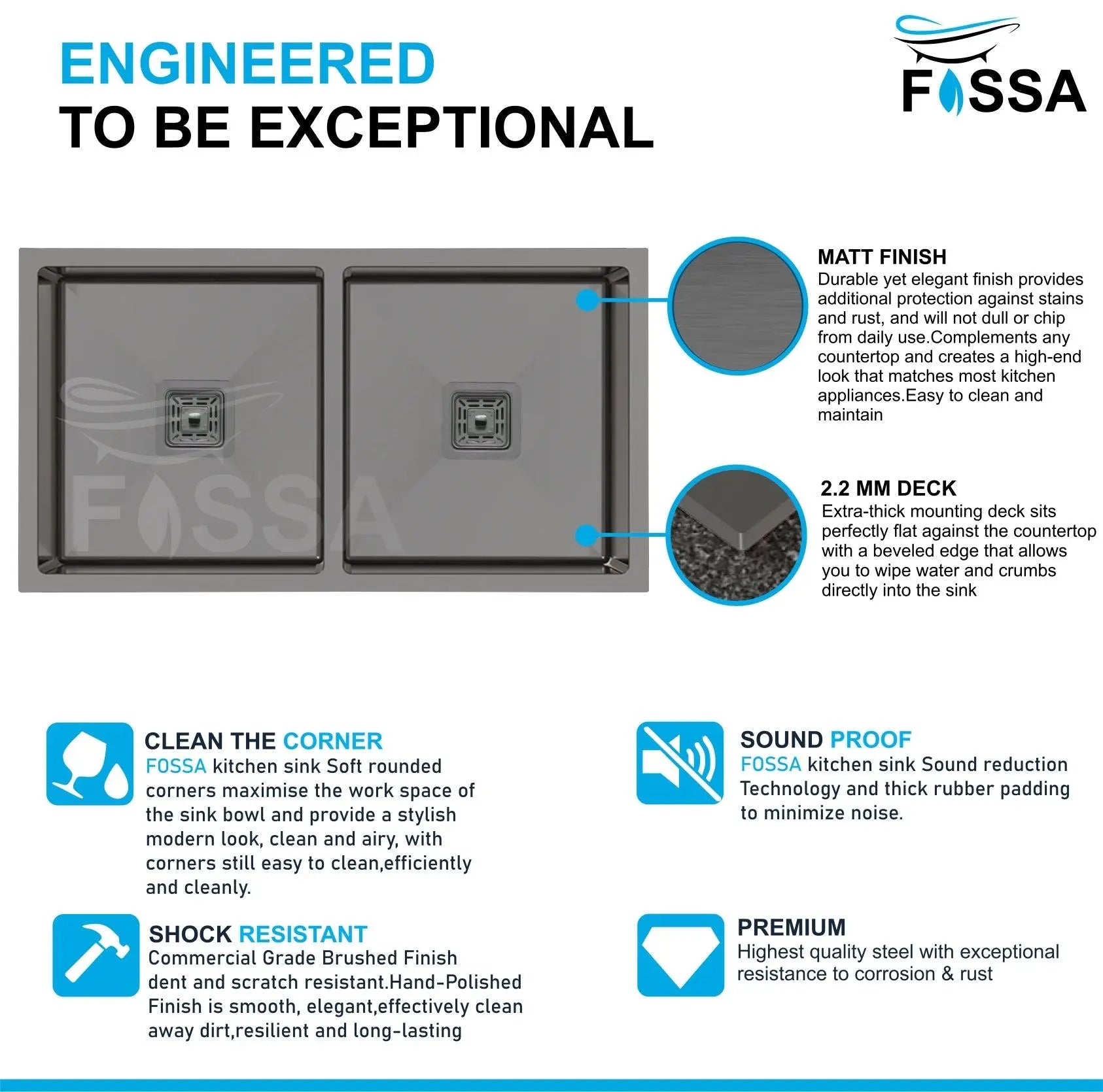 Fossa 45"x20"x10" Inch Double Bowl Premium Handmade kitchen Sink Stainless Steel Black Fossa Home