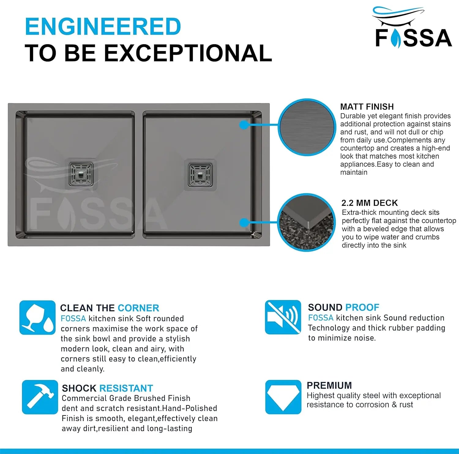 Fossa 45"x20"x10" Inch Double Bowl SS-304 Grade Handmade kitchen Sink Stainless Steel Black Fossa Home
