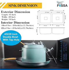 Fossa 45"x20"x10" Inch Double Bowl Tap Hole With Soap Dispenser 304 Grade Stainless steel Handmade Kitchen Sink ( Black ) Fossa Home