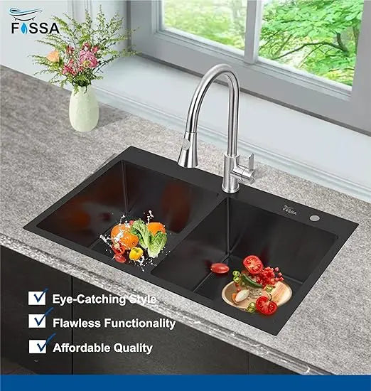 Fossa 45"x20"x10" Inch Double Bowl Tap Hole With Soap Dispenser 304 Grade Stainless steel Handmade Kitchen Sink ( Black ) Fossa Home