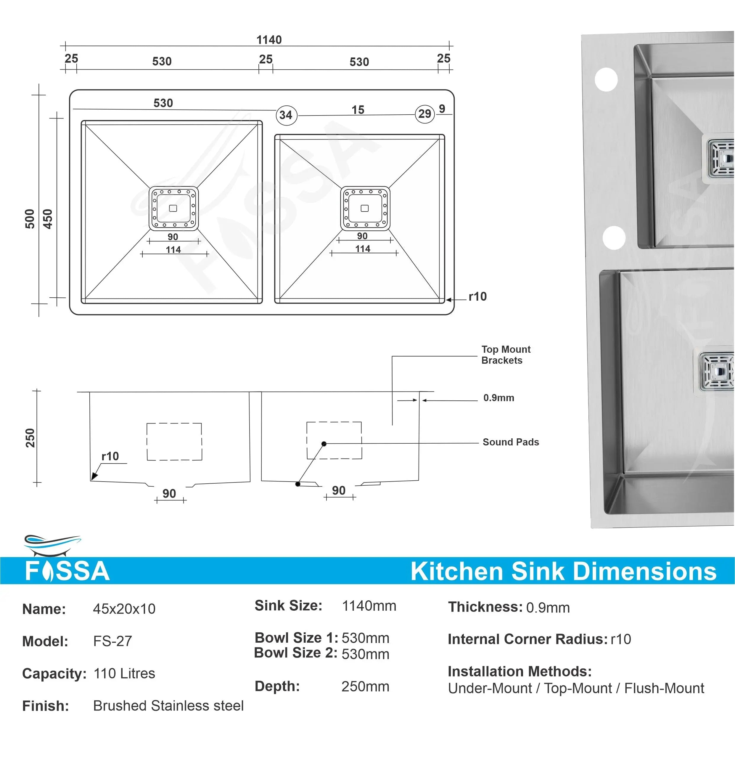 Fossa 45"x20"x10" Inch Double Bowl With Single Tap Hole Prremium Stainless Steel Handmade Kitchen Sink Matte Finish Silver Fossa Home