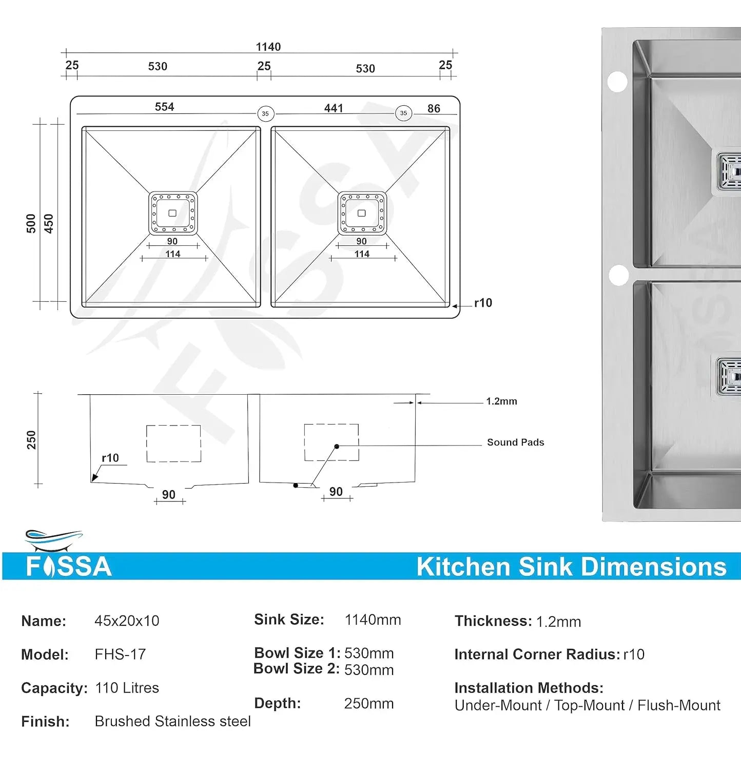 Fossa 45"x20"x10" Inch Double Bowl With Tap Hole SS-304 Grade Stainless Steel Handmade Kitchen Sink Silver Fossa Home