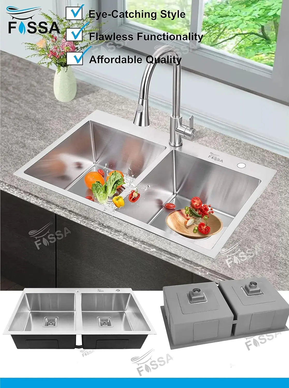 Fossa 45"x20"x10" Inch Double Bowl With Tap Hole SS-304 Grade Stainless Steel Handmade Kitchen Sink Silver Fossa Home