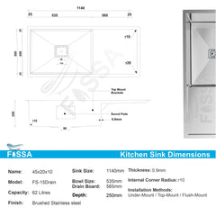 Fossa 45"x20"x10" Inch Single Bowl With Drain Board Premium Stainless Steel Handmade Kitchen Sink Matte Finish Silver Fossa Home