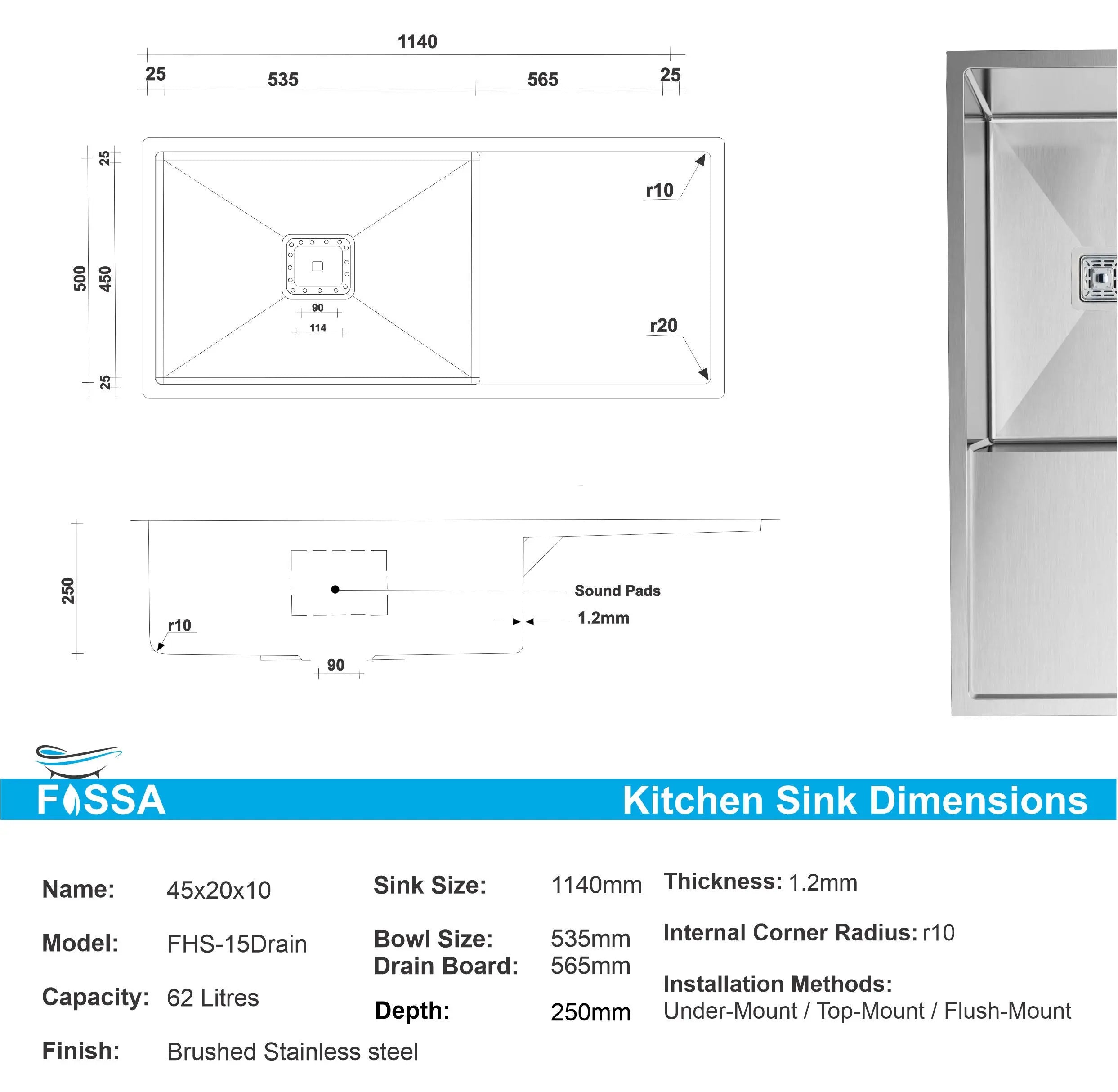 Fossa 45"x20"x10" Inch Single Bowl With Drain Board SS-304 Grade Stainless Steel Handmade Kitchen Sink Matte Finish Silver Fossa Home