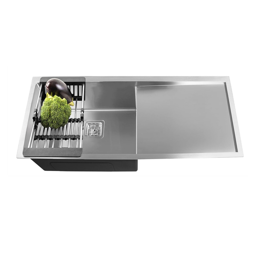 Fossa 45"x20"x10" Single Bowl With Drain Board Premium Stainless Steel Handmade Kitchen Sink Matte Finish Silver Fossa Home